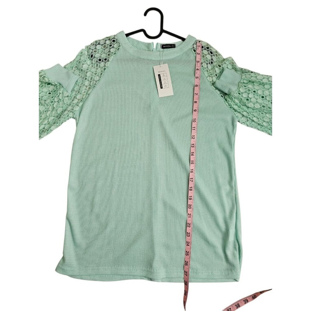 MIHOLL Womens Large Mint Green Waffle Knit Lace Sleeve Blouse Top Luxury Preppy - Picture 6 of 6